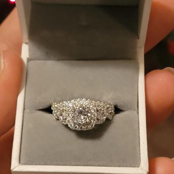 Silver Diamond Halo Engagement Ring Set Wedding - Picture 8 of 14